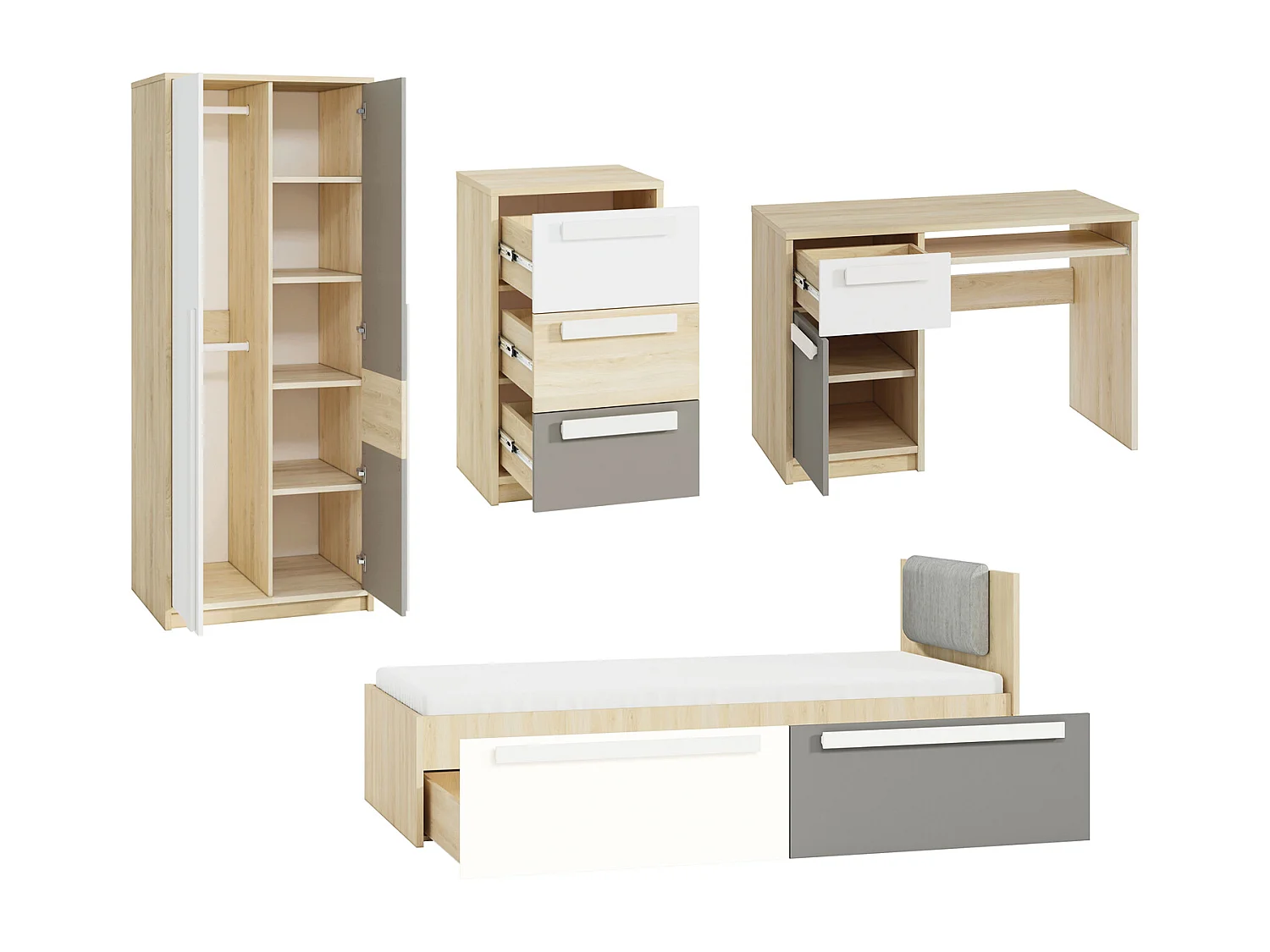 KINDERZIMMER-SET Drop 5-teilig Fjord Buche / Weiß / Grau 443 / 205 / 199cm