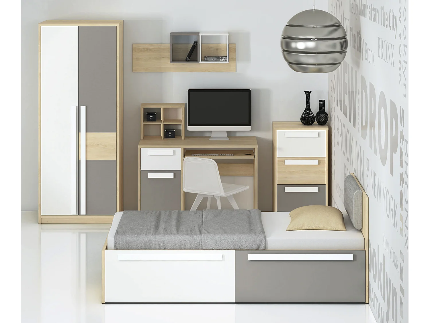 KINDERZIMMER-SET Drop 5-teilig Fjord Buche / Weiß / Grau 443 / 205 / 199cm