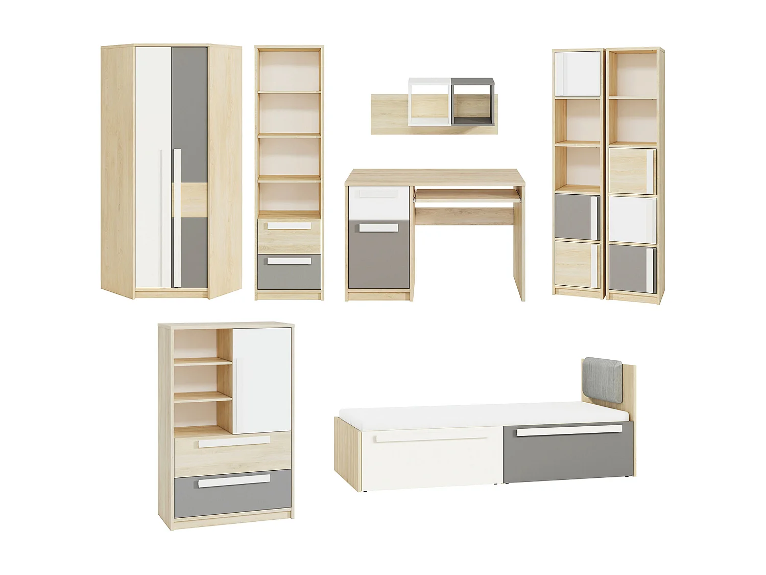 KINDERZIMMER-SET Drop Fjord Buche / Weiß / Grau 621 / 205 / 199cm