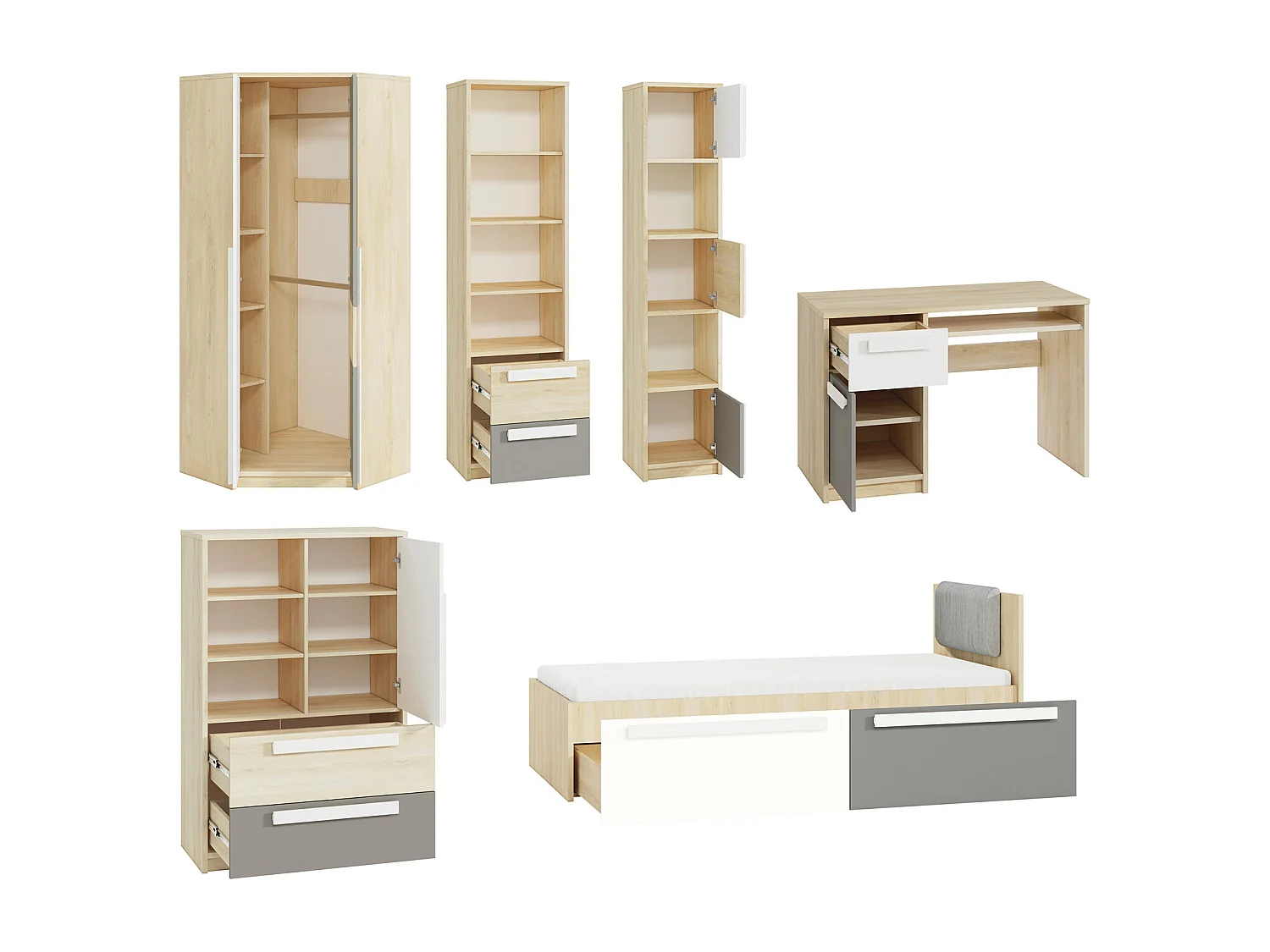KINDERZIMMER-SET Drop Fjord Buche / Weiß / Grau 621 / 205 / 199cm