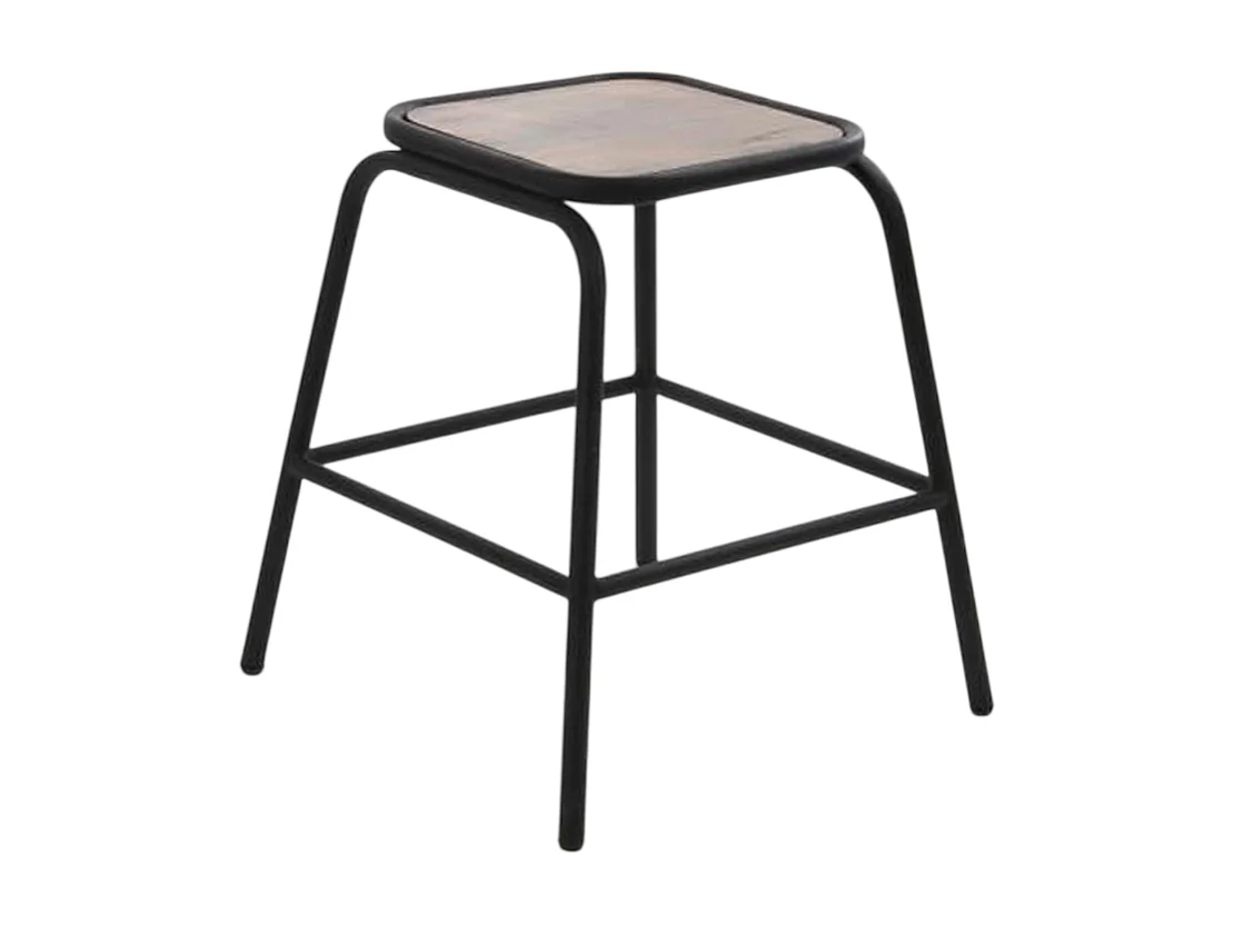 Tabouret noir plateau en bois d'acacia, structure en métal, 42 x 42 x 46 cm
