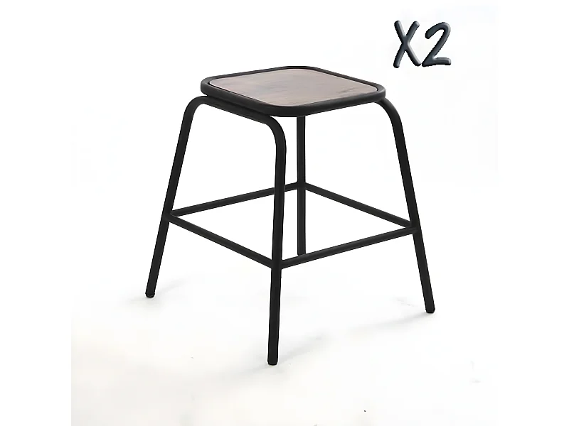 Lot de 2 Tabourets noir plateau en bois d'acacia, structure en métal, 42 x 42 x 46 cm