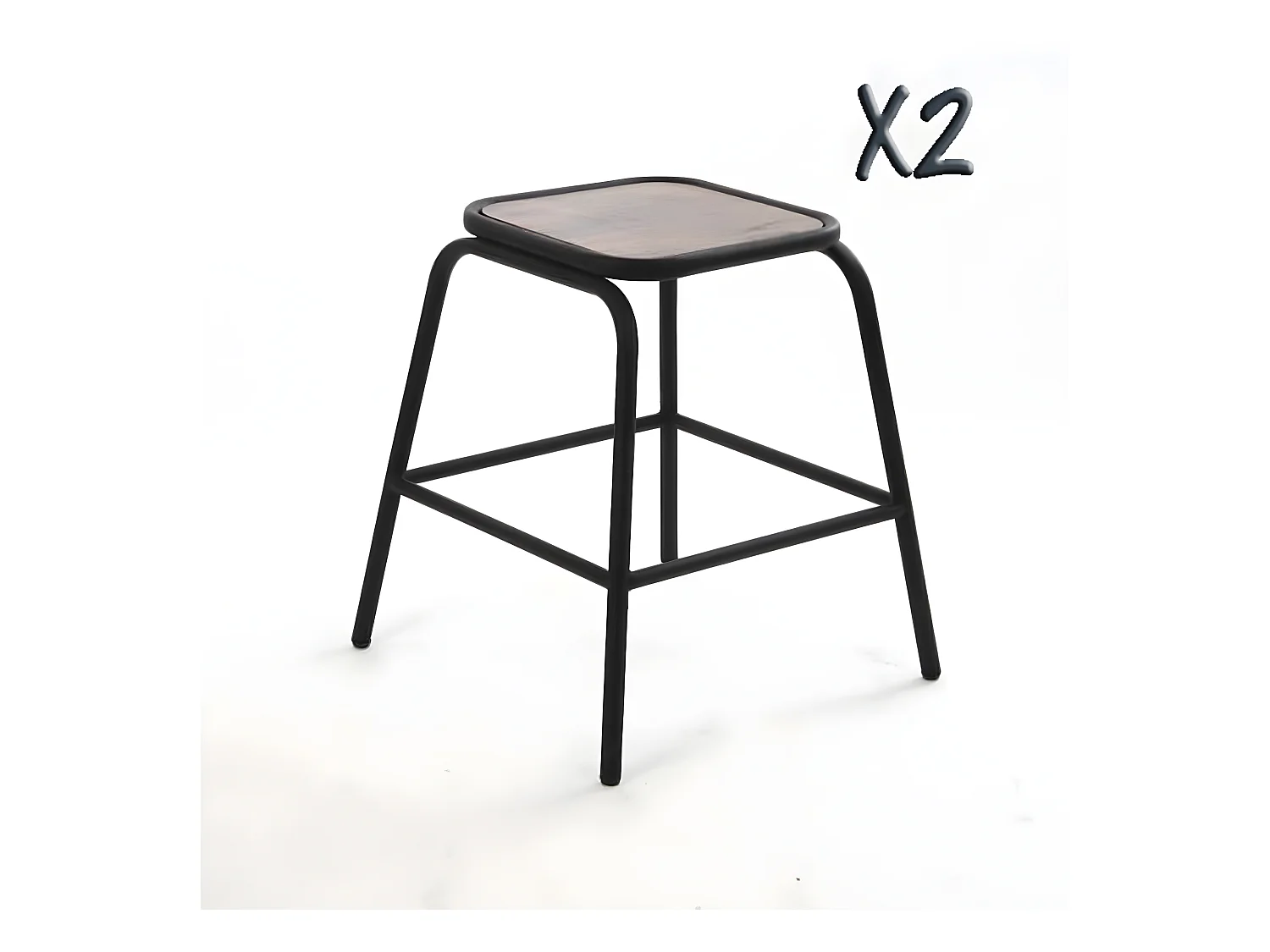 Lot de 2 Tabourets noir plateau en bois d'acacia, structure en métal, 42 x 42 x 46 cm