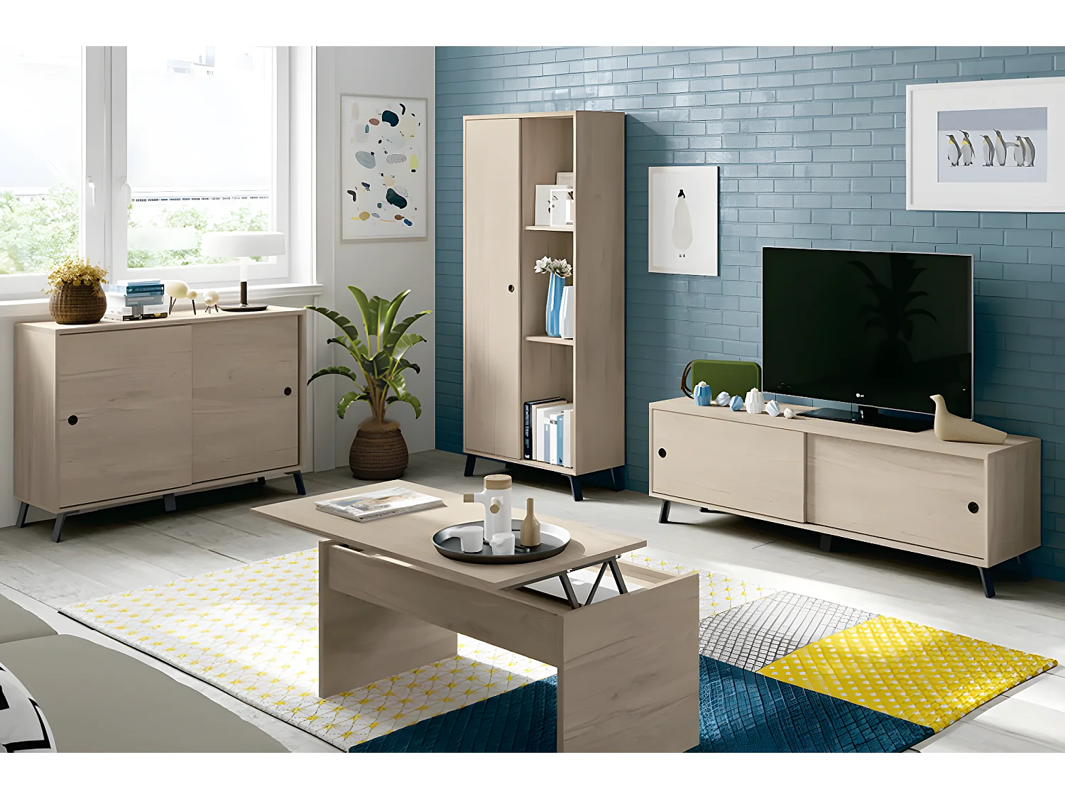 Ensemble de séjour coloris effet bois ( meuble TV + Buffet + Bibliothèque + Table basse)