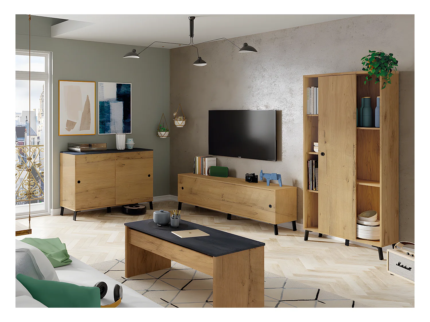 Ensemble de séjour coloris chêne doré ( meuble TV + Buffet + Bibliothèque + Table basse)