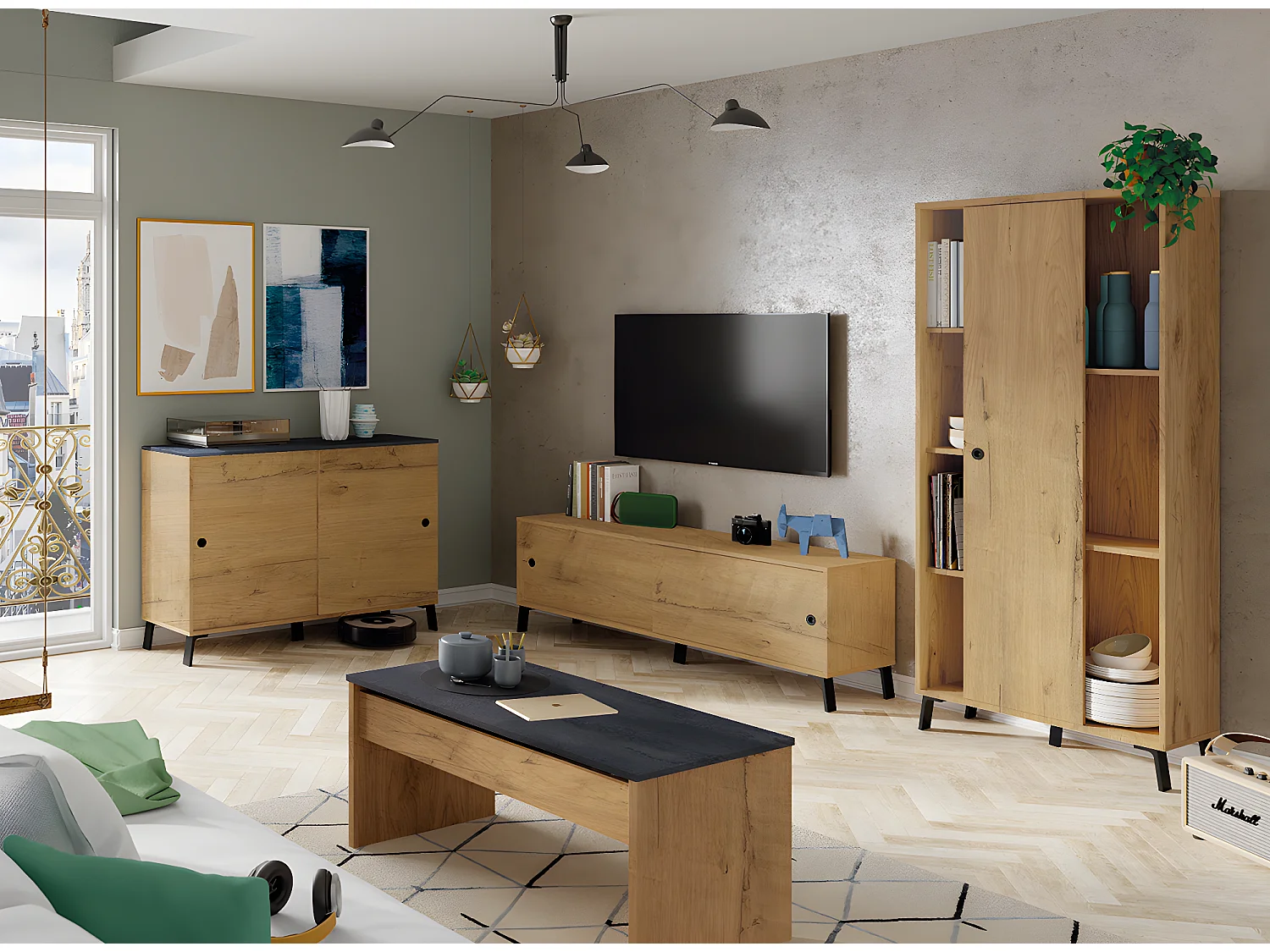 Ensemble de séjour coloris chêne doré ( meuble TV + Buffet + Bibliothèque + Table basse)