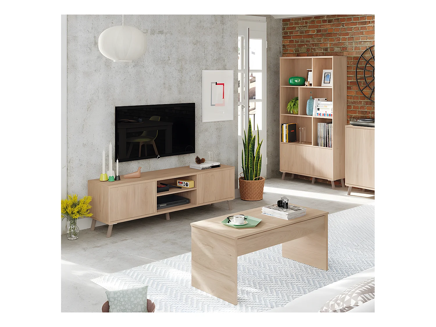 Ensemble de salon coloris effet bois ( meuble TV + bibliothèque + Table basse )