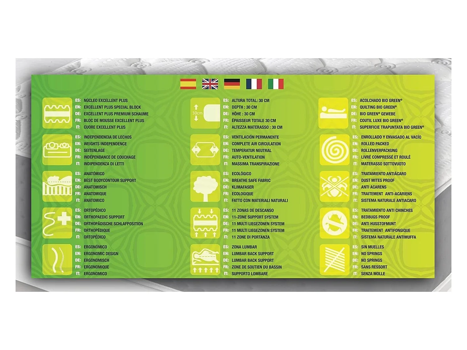 Matelas 160x200 bio green | mousse á memoire de forme bio pur® | épaisseur 30 cm | hypoallergénique | anatomique - certifié oeko-tex®