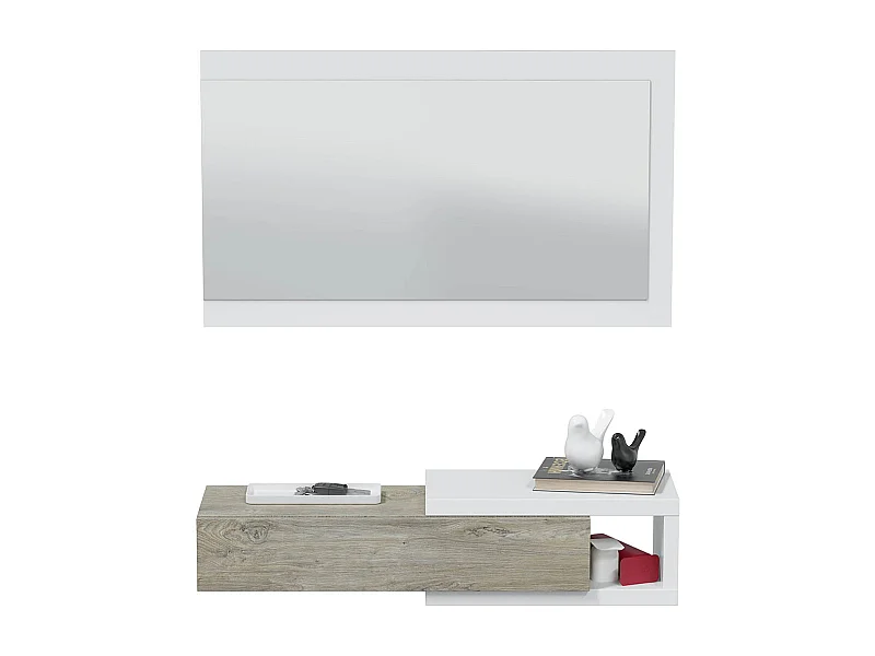 Meuble d'entrée avec un miroir coloris blanc artic / chêne - H.19 x L.95 x P.26 cm