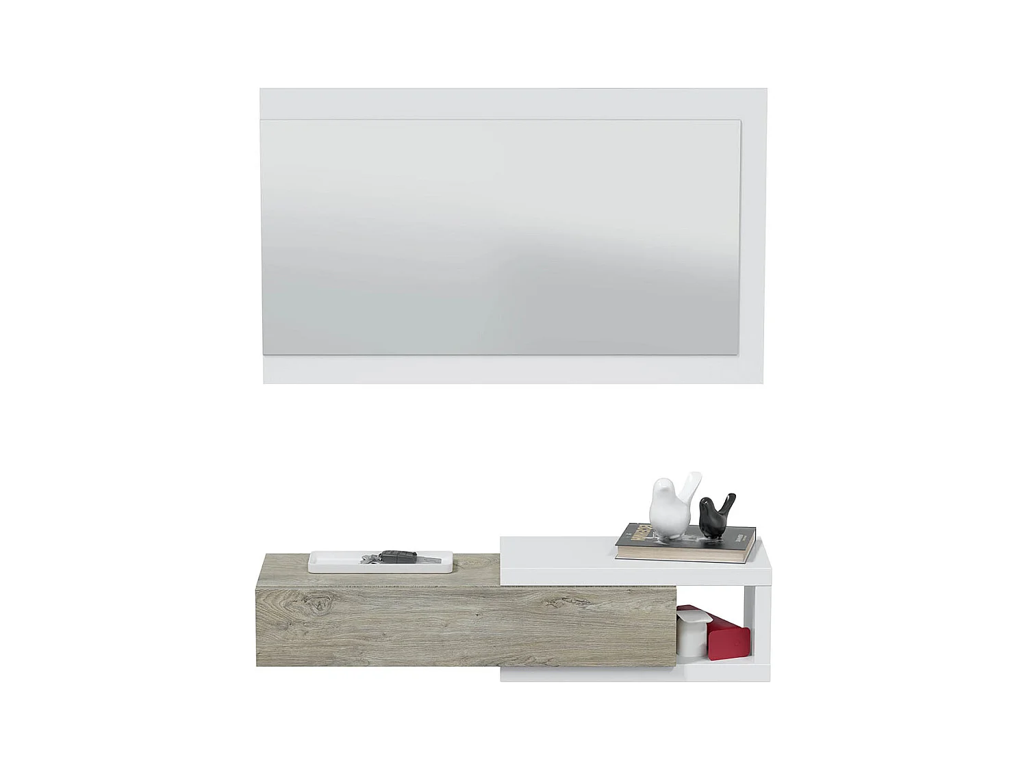 Meuble d'entrée avec un miroir coloris blanc artic / chêne - H.19 x L.95 x P.26 cm