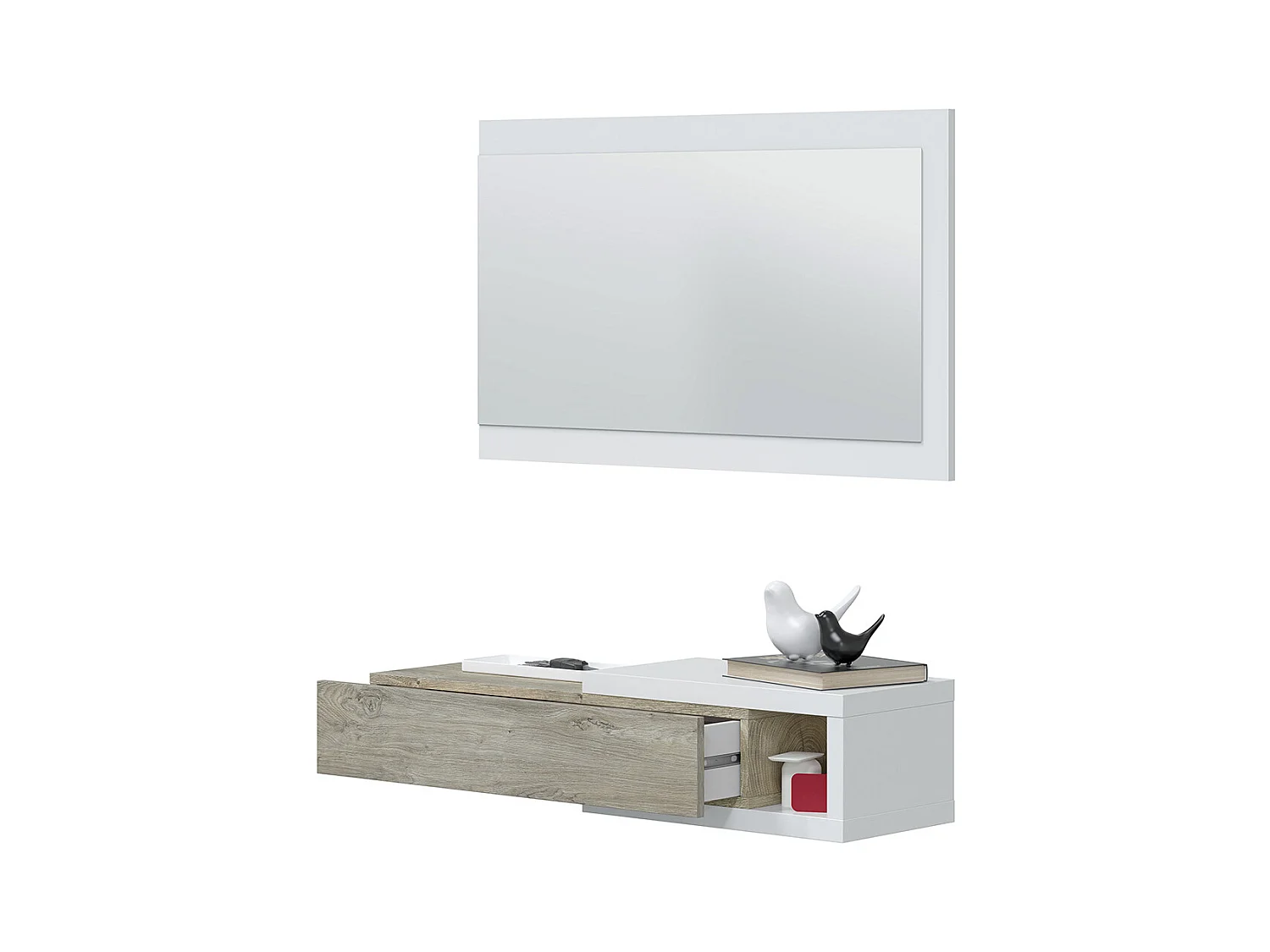 Meuble d'entrée avec un miroir coloris blanc artic / chêne - H.19 x L.95 x P.26 cm