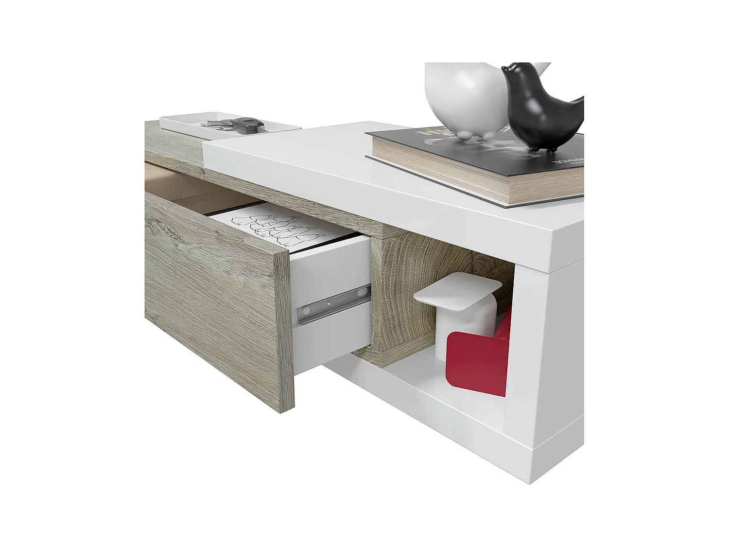 Meuble d'entrée avec un miroir coloris blanc artic / chêne - H.19 x L.95 x P.26 cm