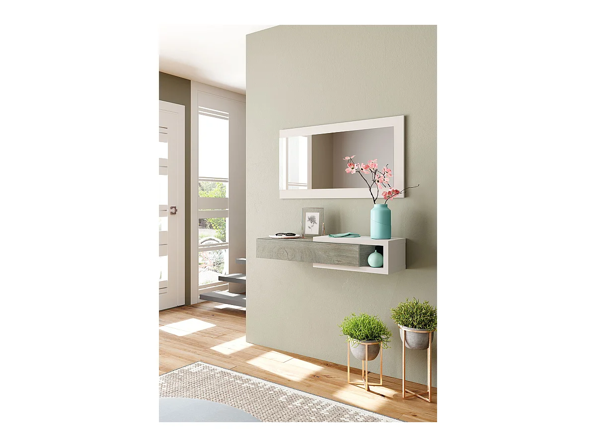 Meuble d'entrée avec un miroir coloris blanc artic / chêne - H.19 x L.95 x P.26 cm