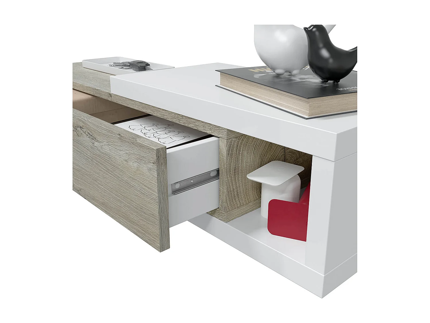 Meuble d'entrée avec un miroir coloris blanc artic / chêne - H.19 x L.95 x P.26 cm