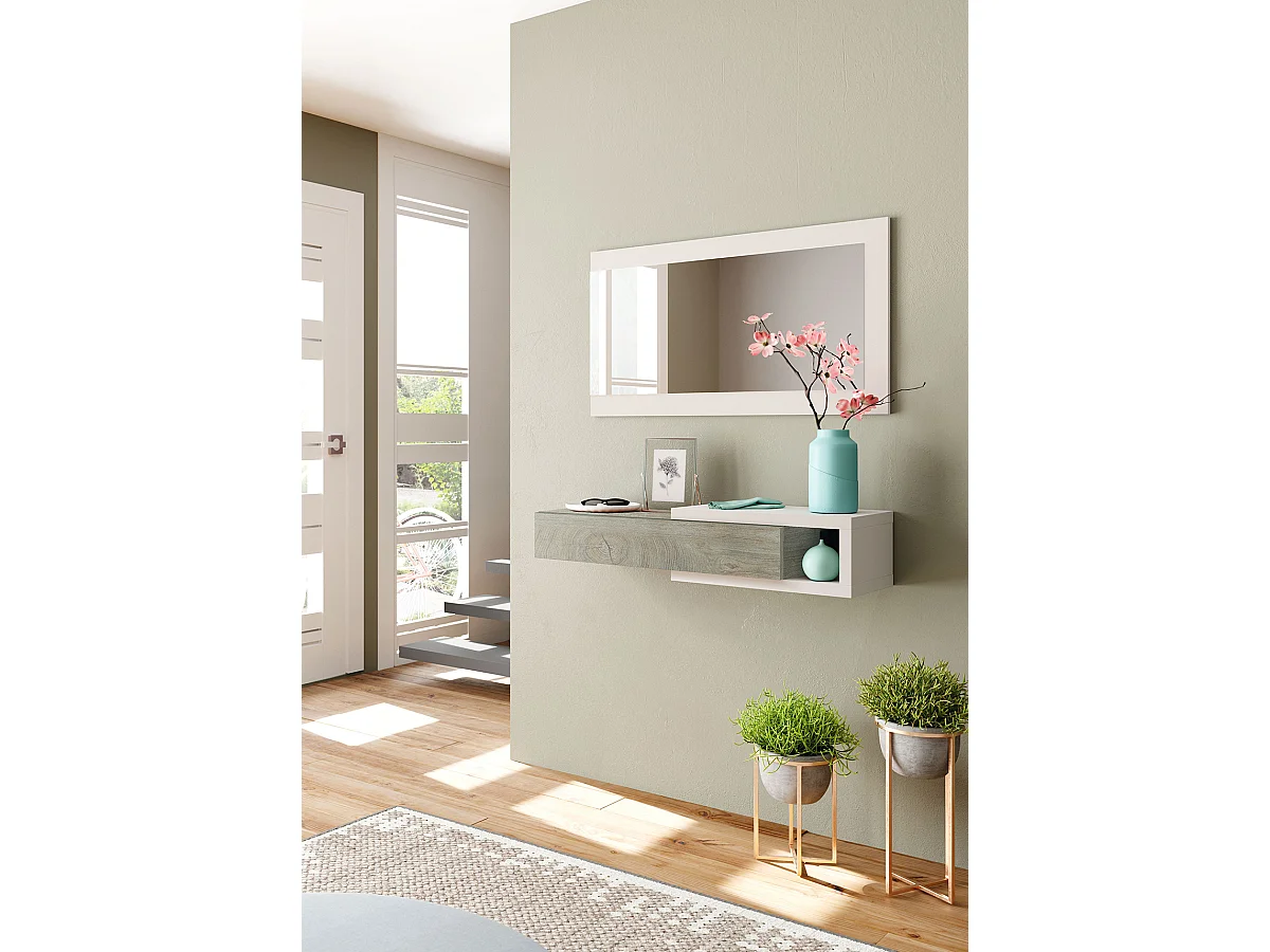Meuble d'entrée avec un miroir coloris blanc artic / chêne - H.19 x L.95 x P.26 cm