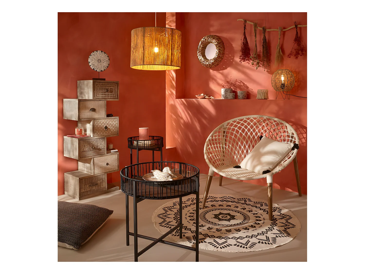 Miroir tressé en plantes séchées coloris beige moyen - Diamètre 45 cm