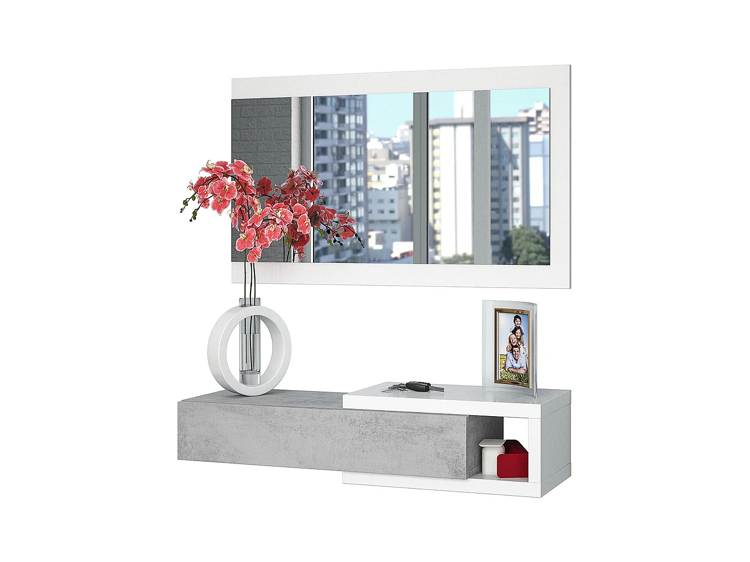 Meuble d'Entrée réversible avec Miroir et 1 Tiroir coloris blanc artic / ciment - 19 x 95 x 26 cm