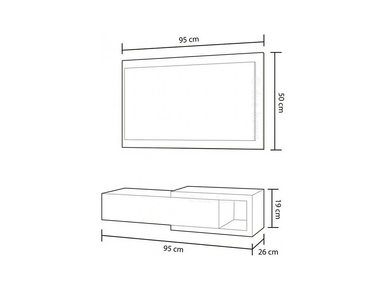 Meuble d'Entrée réversible avec Miroir et 1 Tiroir coloris blanc artic / ciment - 19 x 95 x 26 cm