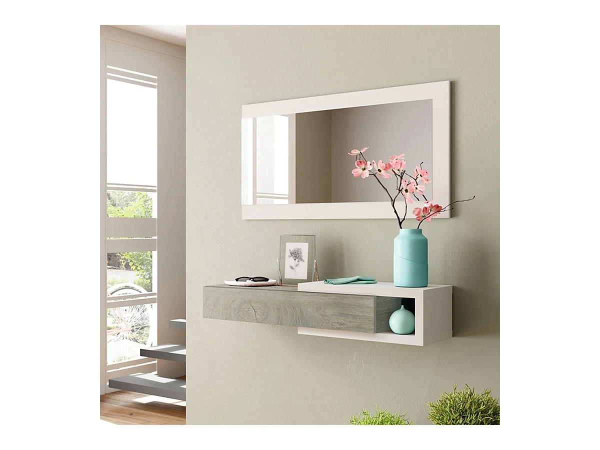 Meuble d'Entrée réversible avec Miroir et 1 Tiroir coloris blanc artic / ciment - 19 x 95 x 26 cm