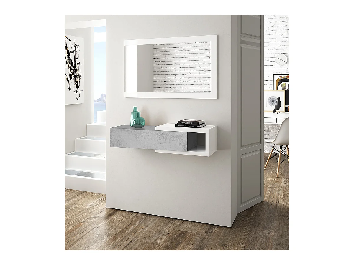 Meuble d'Entrée réversible avec Miroir et 1 Tiroir coloris blanc artic / ciment - 19 x 95 x 26 cm