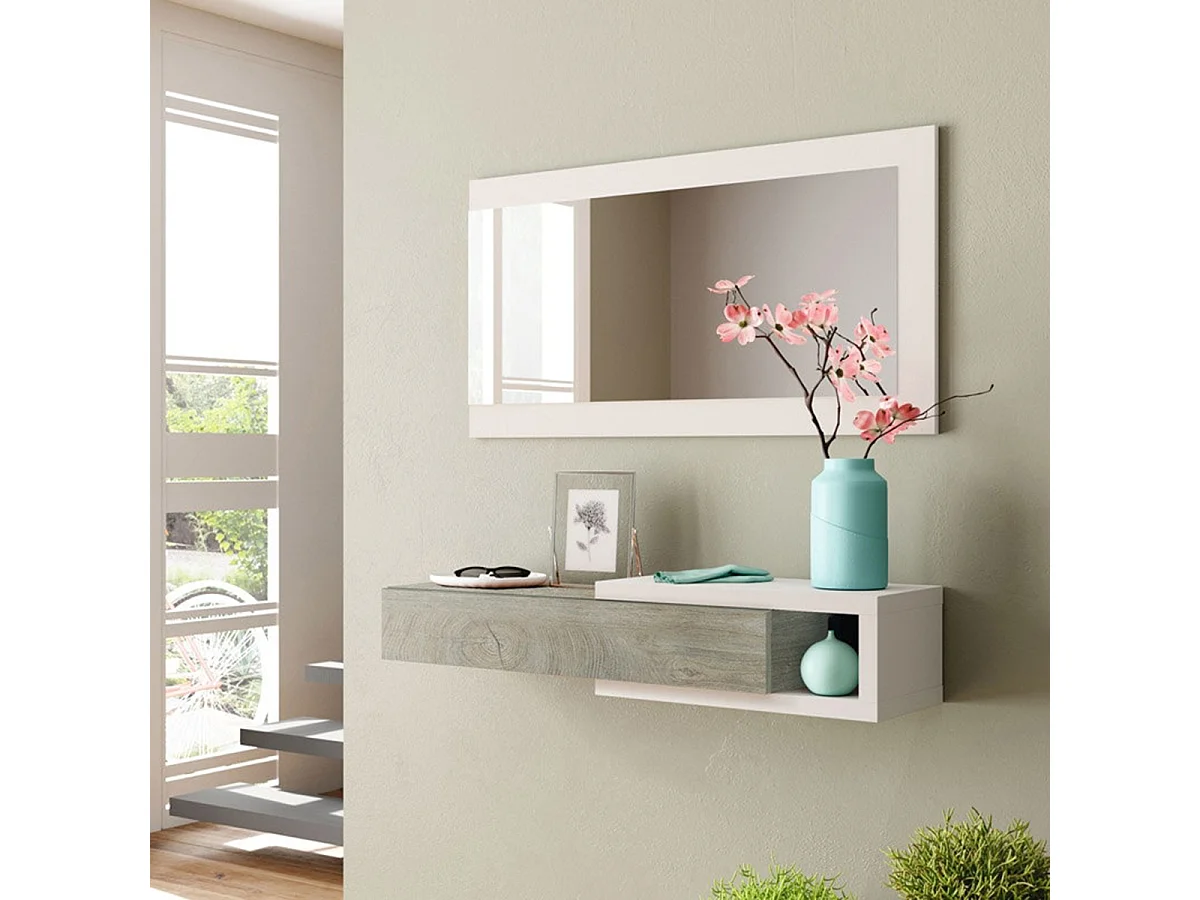 Meuble d'Entrée réversible avec Miroir et 1 Tiroir coloris blanc artic / ciment - 19 x 95 x 26 cm
