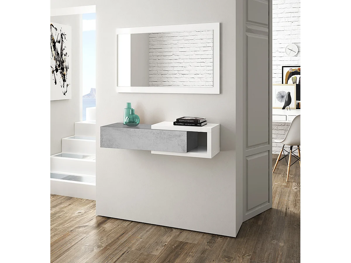 Meuble d'Entrée réversible avec Miroir et 1 Tiroir coloris blanc artic / ciment - 19 x 95 x 26 cm