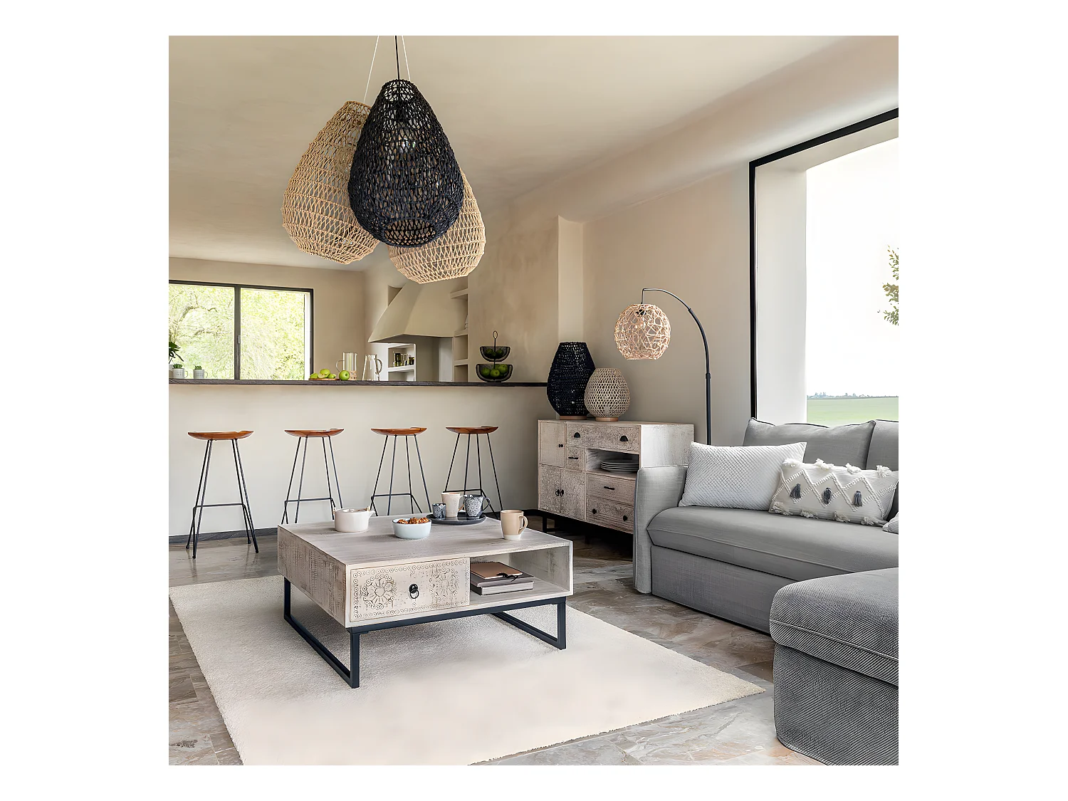 Lampe suspendue, Suspension luminaire coloris beige et fer blanc - D.  37,5  x H. 55 cm