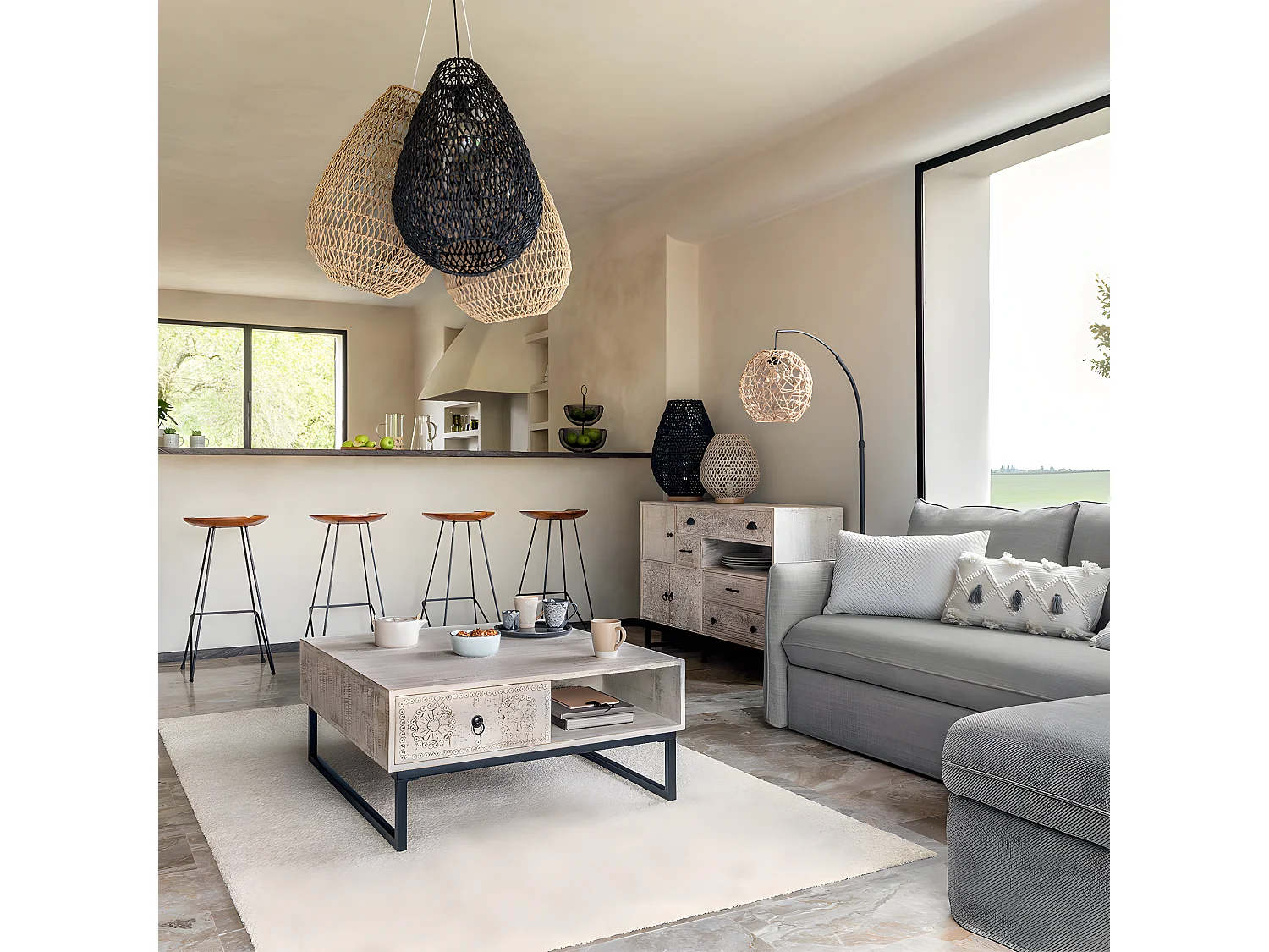 Lampe suspendue, Suspension luminaire coloris beige et fer blanc - D.  37,5  x H. 55 cm