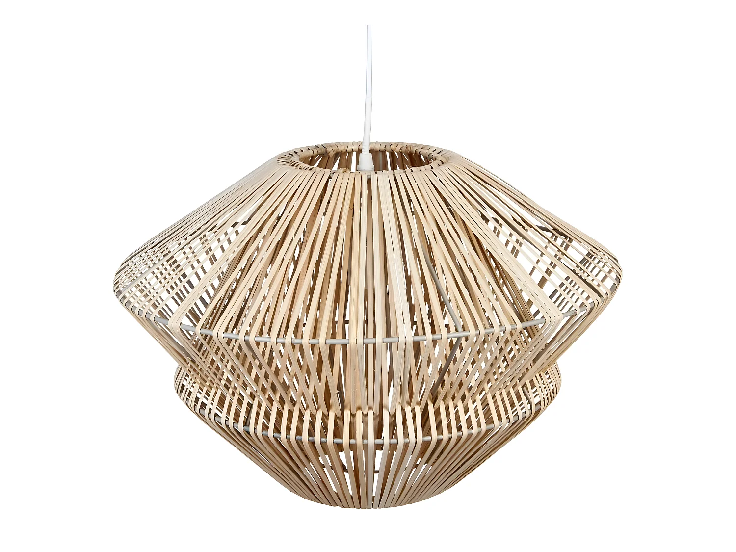 Lampe suspendue, Suspension luminaire en bois de rotin coloris beige et métal blanc