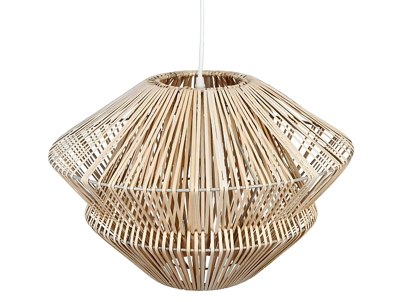 Lampe suspendue, Suspension luminaire en bois de rotin coloris beige et métal blanc