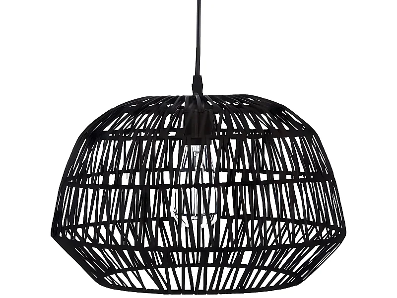 Suspension design en rotin et fer coloris noir - Dim : D 38 x H 32 cm