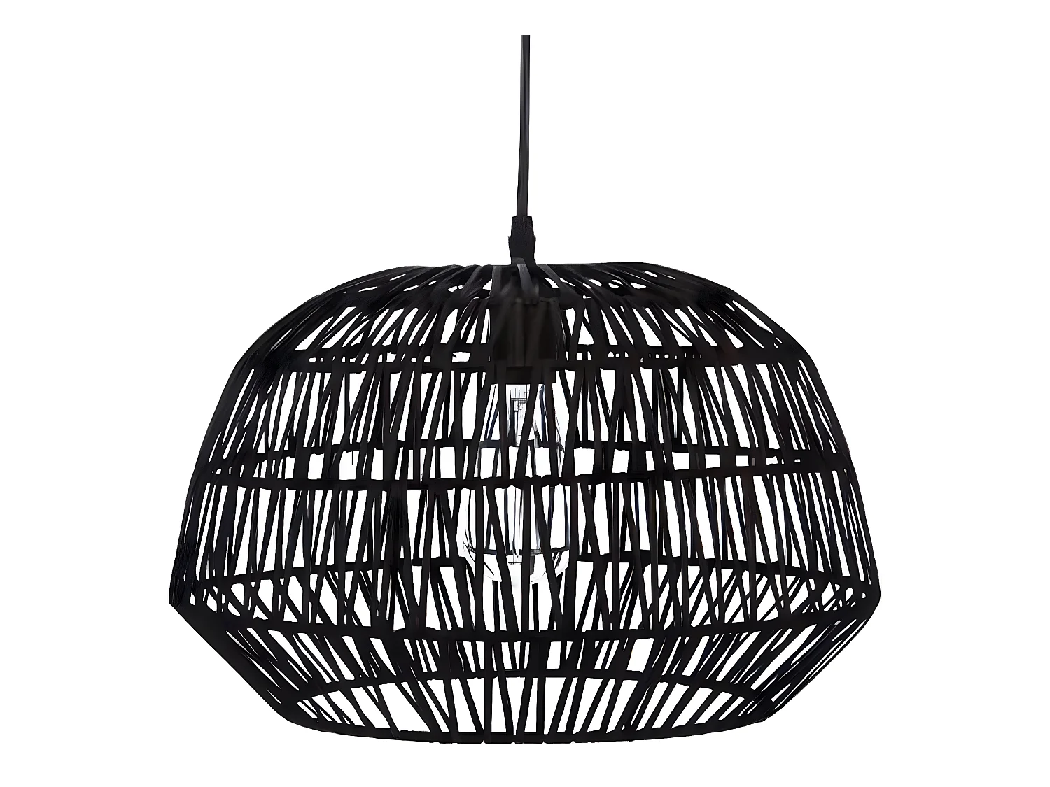 Suspension design en rotin et fer coloris noir - Dim : D 38 x H 32 cm