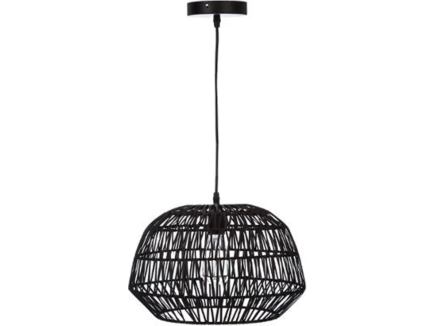 Suspension design en rotin et fer coloris noir - Dim : D 38 x H 32 cm