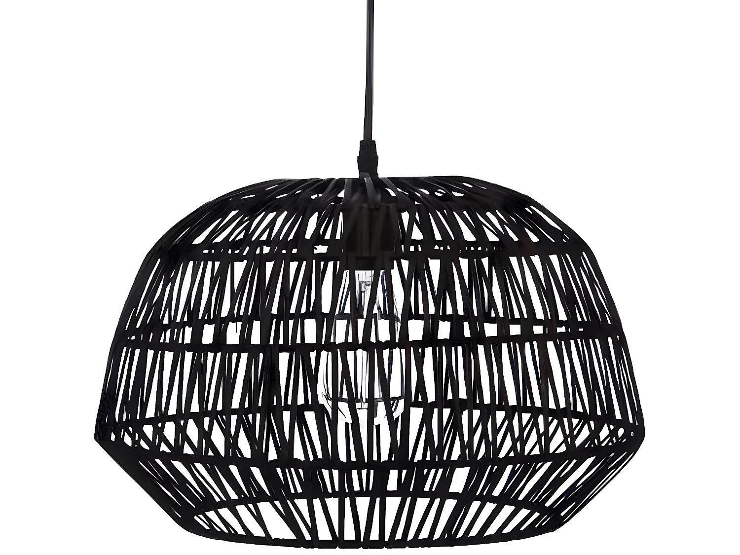 Suspension design en rotin et fer coloris noir - Dim : D 38 x H 32 cm