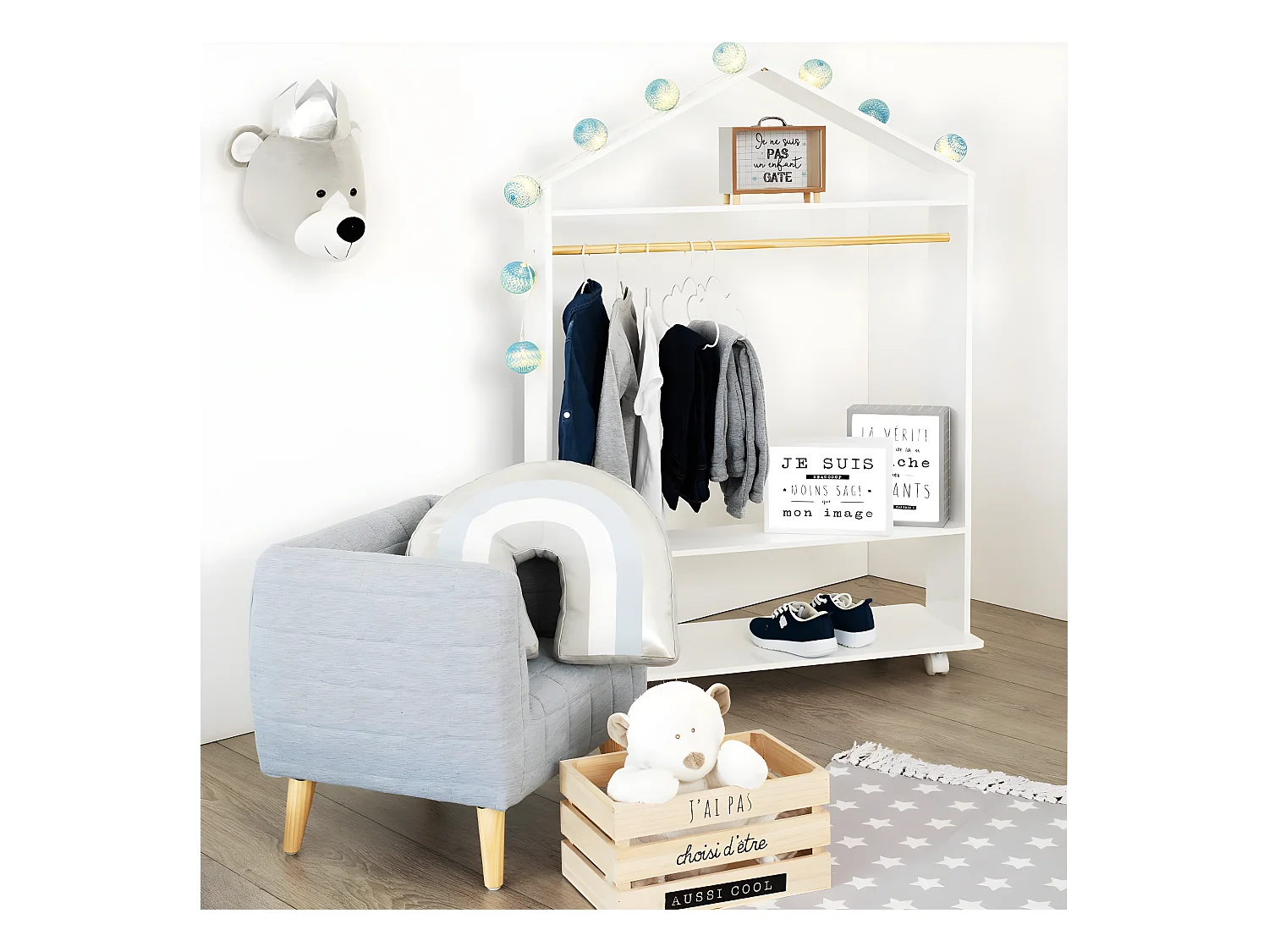 Penderie enfant à roulettes coloris blanc - L.80,5 x l.36 x H.120 cm