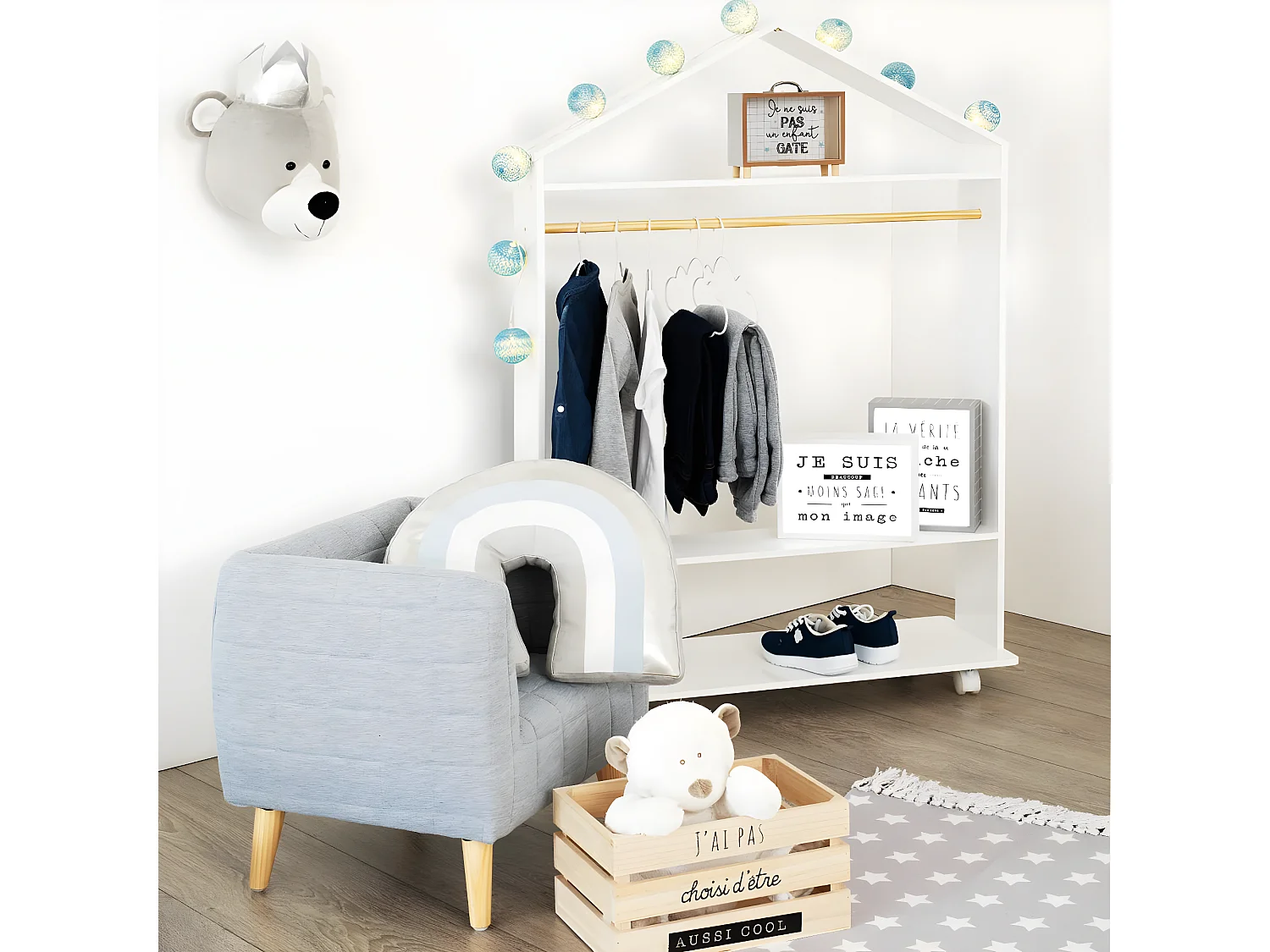 Penderie enfant à roulettes coloris blanc - L.80,5 x l.36 x H.120 cm