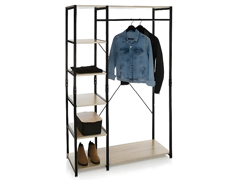 Penderie avec 5 étagères en bois et métal - Longueur 100 x Profondeur 40 x Hauteur 170 cm