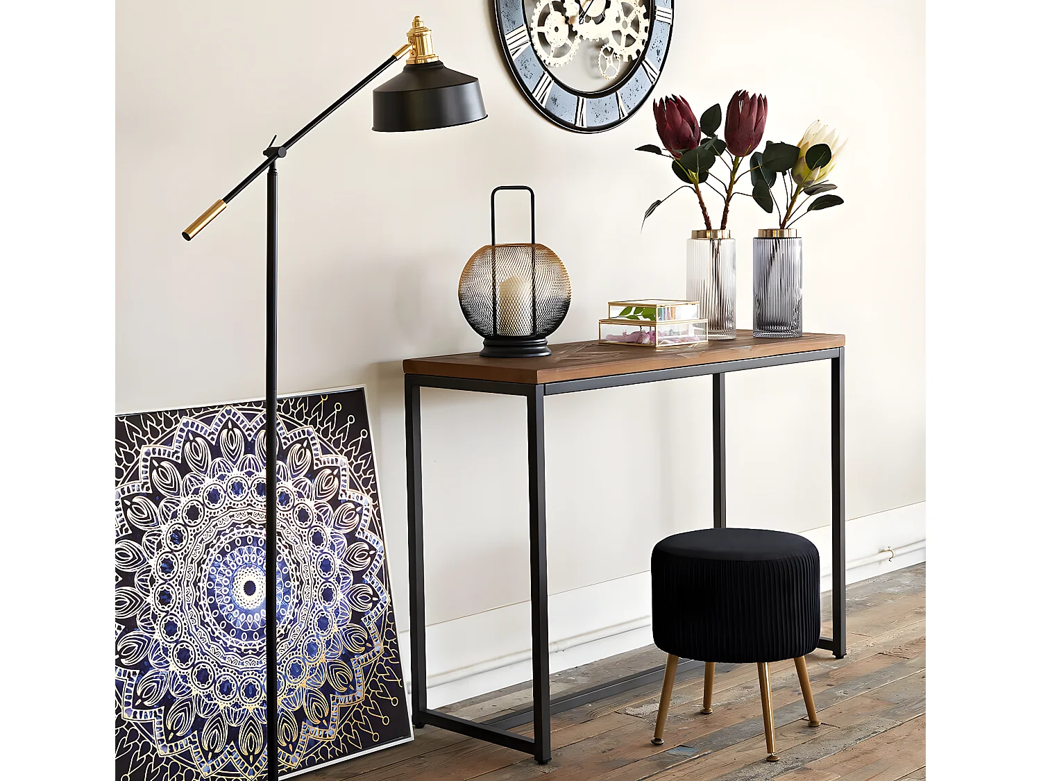 Lampadaire arc en métal coloris noir - Longueur 64,5 x Profondeur 24 x Hauteur 155 cm