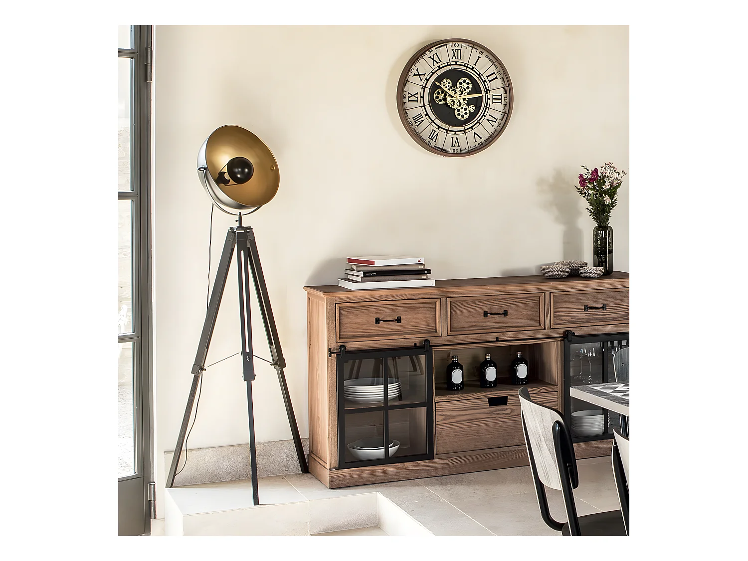 Lampadaire trepied en paulownia coloris noir - D. 67 x H. 162 cm