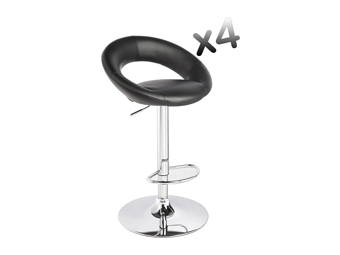 Lot de 4 tabourets de bar en Polyuréthane et acier chromé coloris noir Eclipse, Dim : Hauteur réglable de 78 à 105 cm