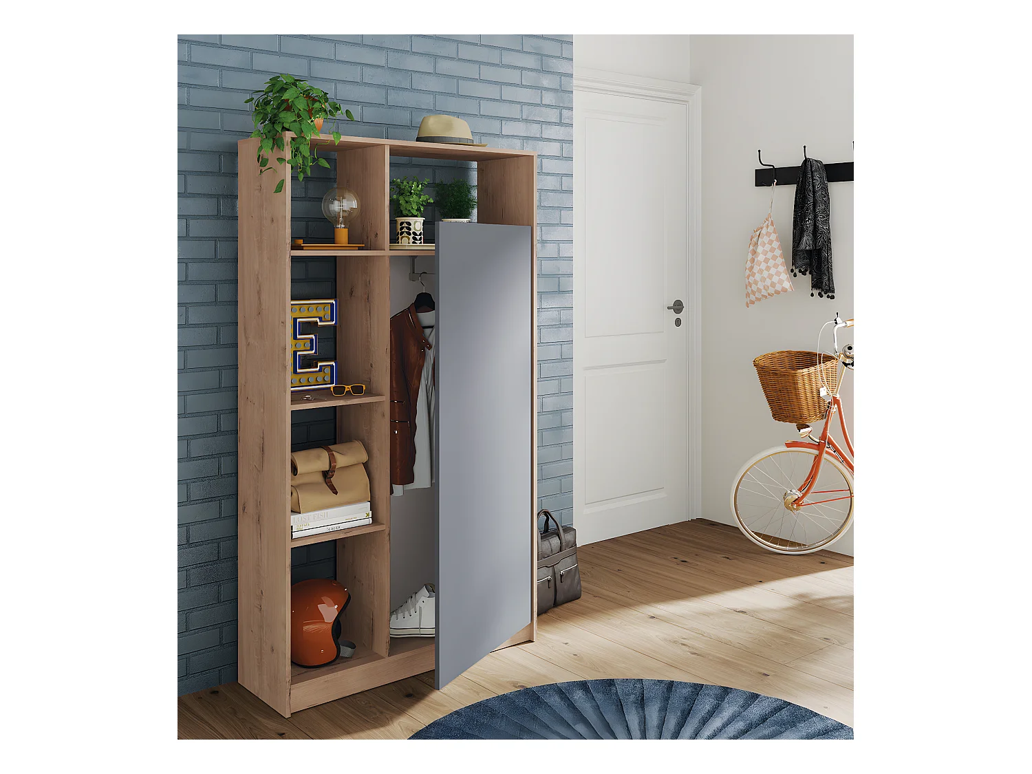 Armoire / meuble de rangement coloris chêne doré/gris - Hauteur 180 x Longueur 100 x Profondeur 35 cm