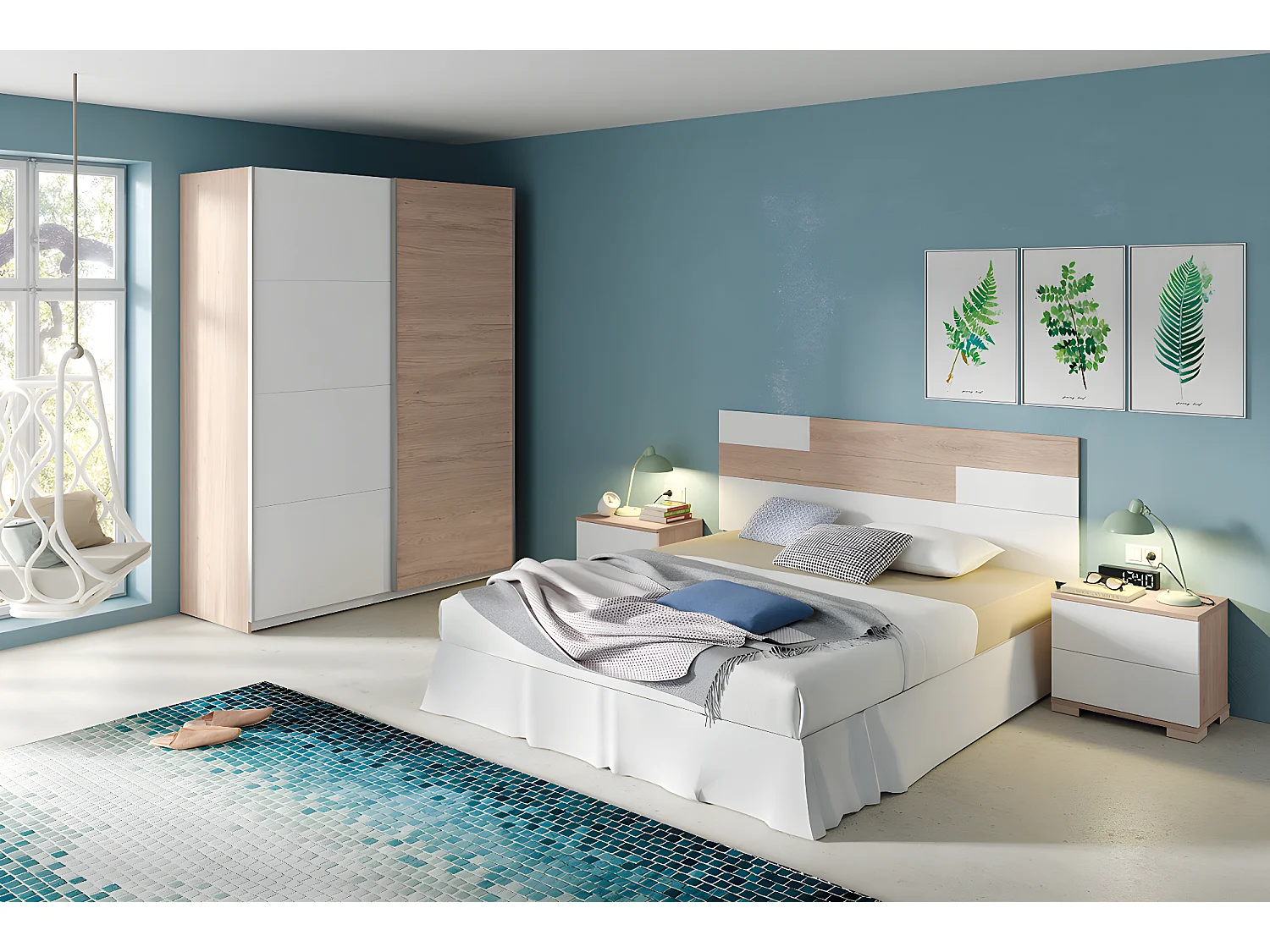 Ensemble de chambre à coucher adulte coloris effet bois / blanc ( Armoire + 2 chevets et tête de lit )