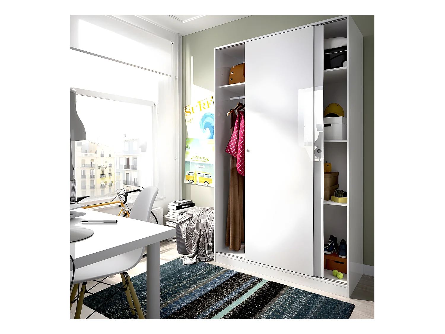 Armoire à portes coulissantes coloris blanc brillant - Longueur 120 x Profondeur 50 x Hauteur 204 cm