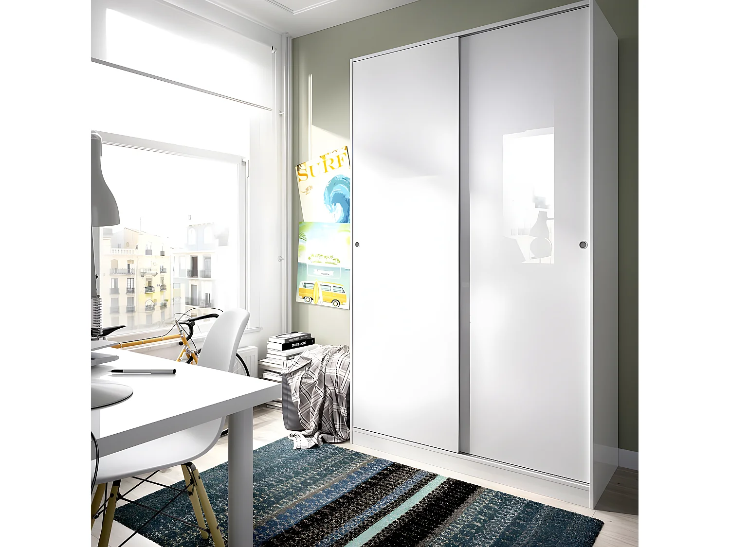 Armoire à portes coulissantes coloris blanc brillant - Longueur 120 x Profondeur 50 x Hauteur 204 cm