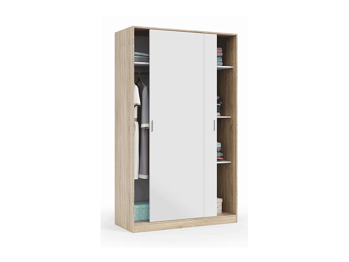 Armoire avec 2 portes coulissantes coloris blanc / chêne canadien - Dim : H 200 x L 120 x P 50 cm