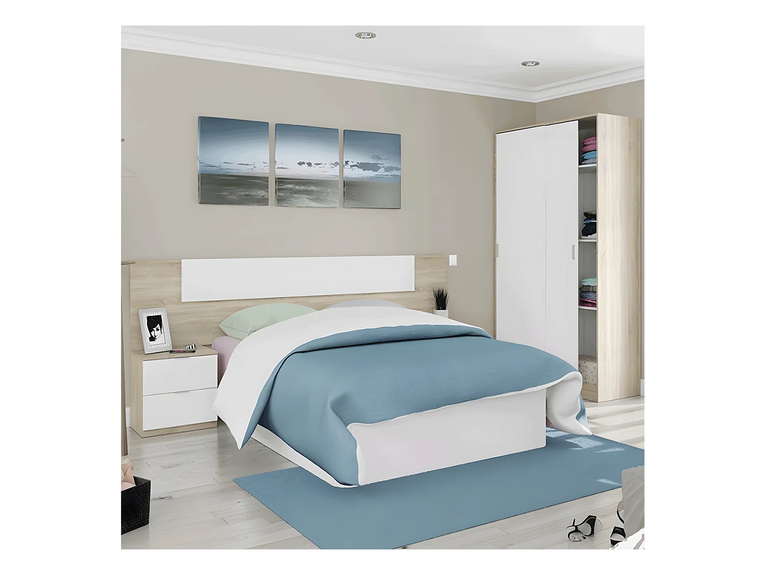 Armoire avec 2 portes coulissantes coloris blanc / chêne canadien - Dim : H 200 x L 120 x P 50 cm