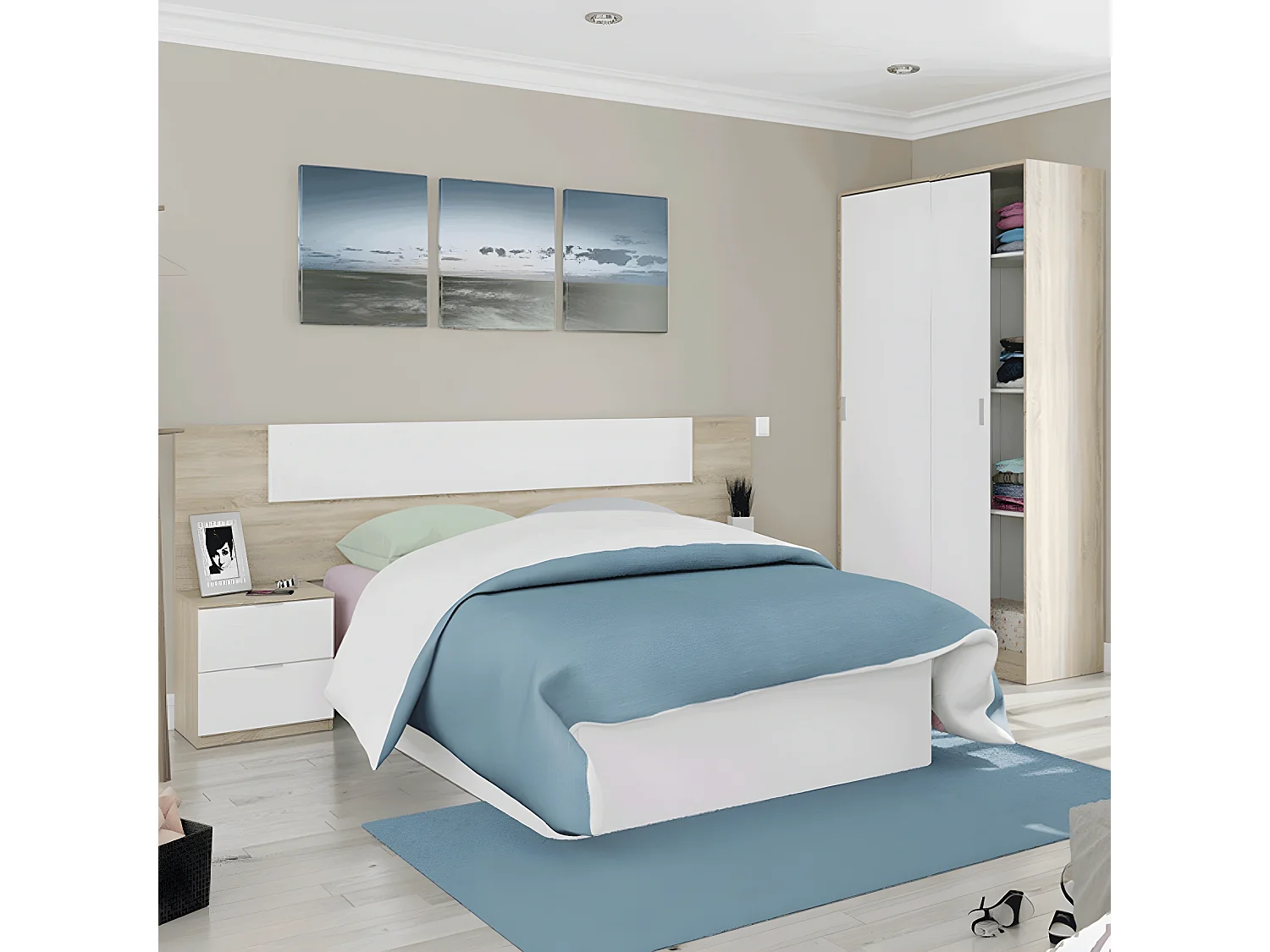 Armoire avec 2 portes coulissantes coloris blanc / chêne canadien - Dim : H 200 x L 120 x P 50 cm