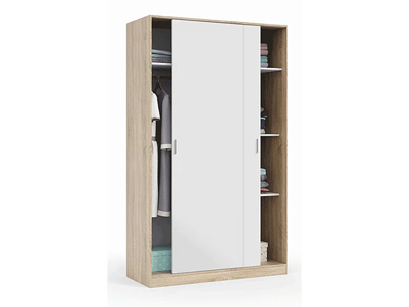 Armoire avec 2 portes coulissantes coloris blanc / chêne canadien - Dim : H 200 x L 120 x P 50 cm