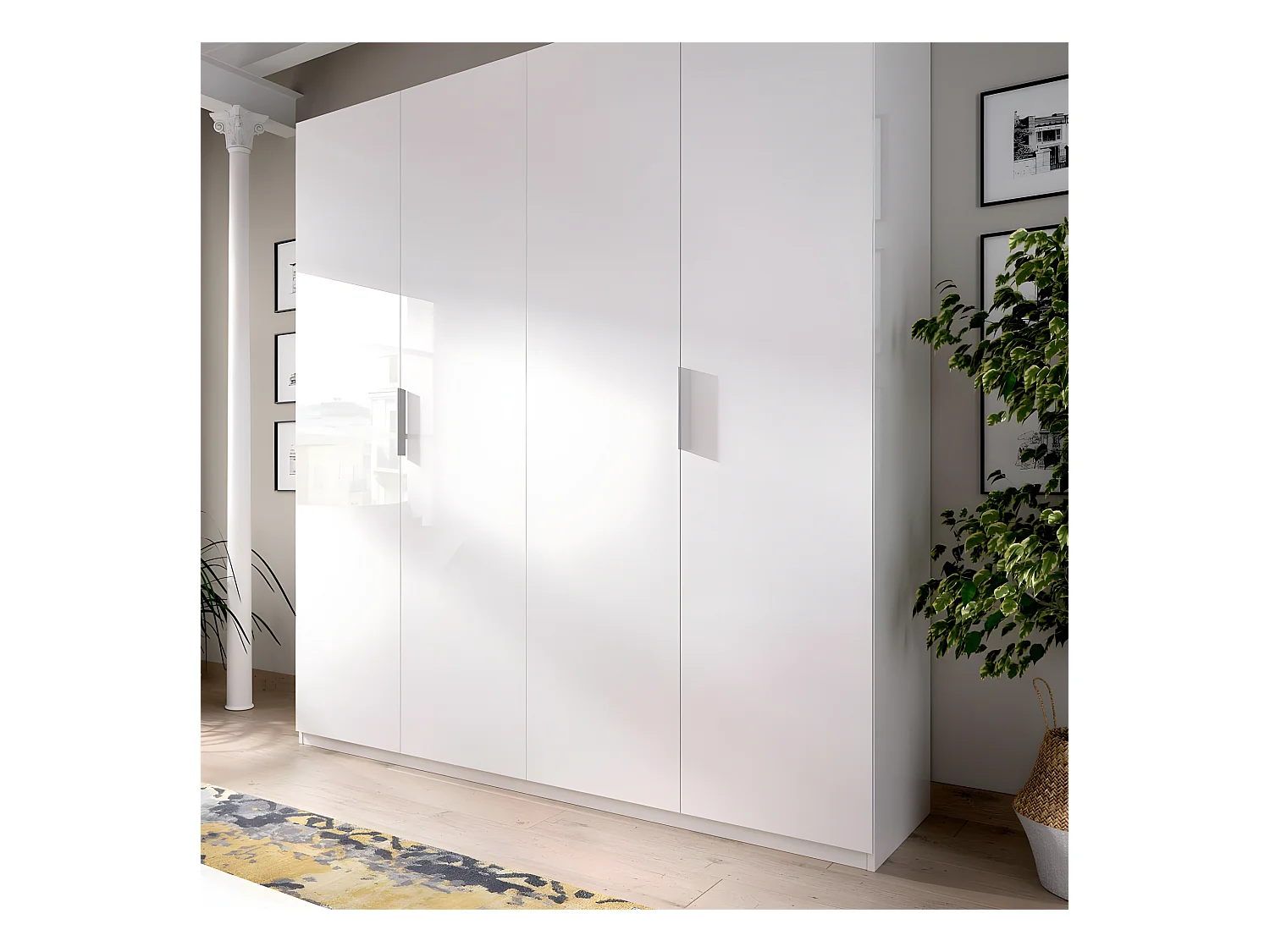 Armoire placard meuble de rangement coloris blanc brillant - Longueur 180 x Profondeur 52 x Hauteur 204 cm