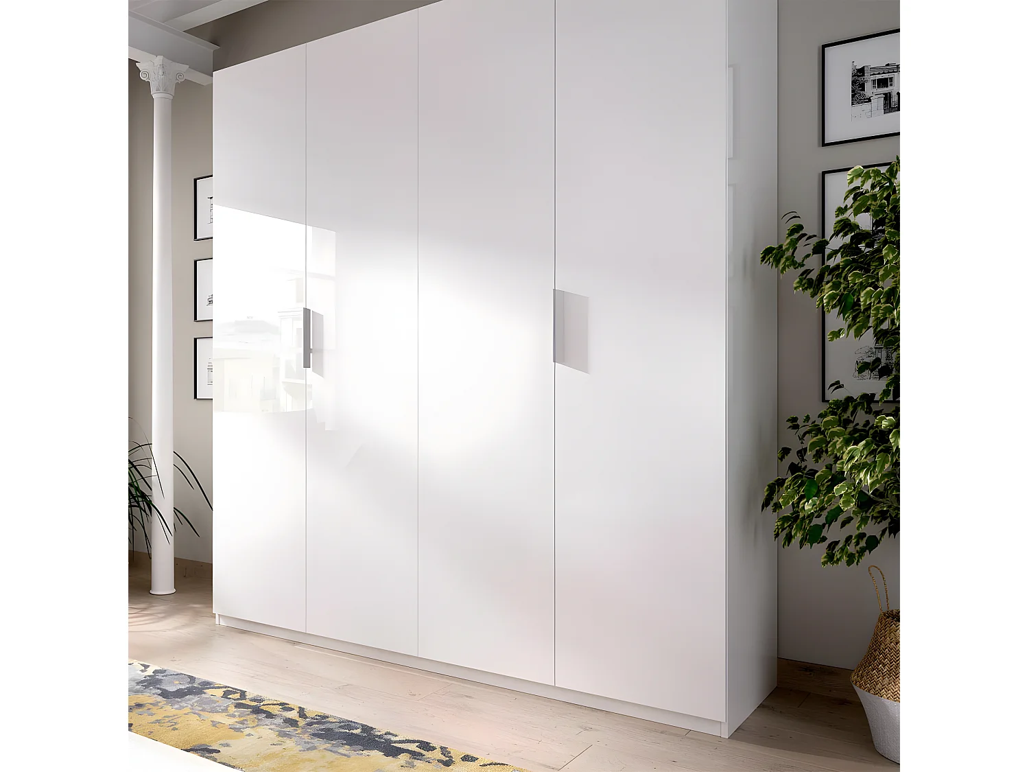 Armoire placard meuble de rangement coloris blanc brillant - Longueur 180 x Profondeur 52 x Hauteur 204 cm